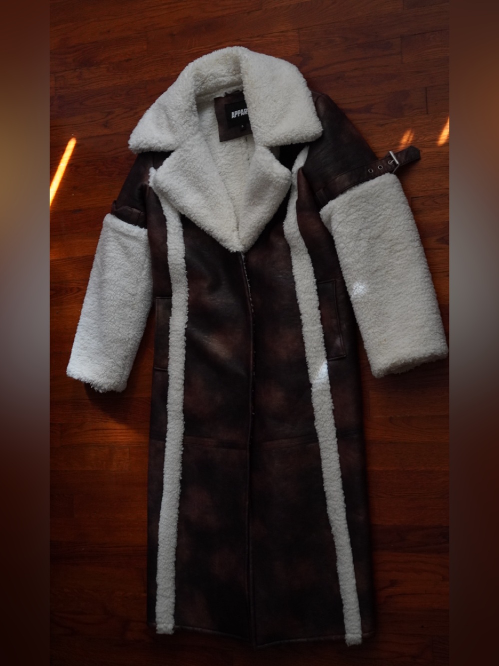 Brown Faux Leather Shearling Coat with Cream Sherpa Trim